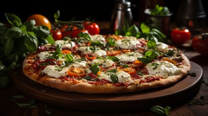 A delicious pizza with fresh tomatoes, basil, and mozzarella cheese