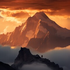 Mountaineer on a Rocky Peak at Sunset - obrazy, fototapety, plakaty