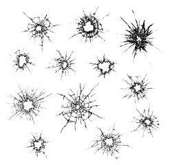 Broken glass cracked bullet hole vector illustration material set