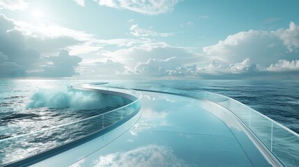 A long, curving walkway is built over the water, with a clear glass railing - obrazy, fototapety, plakaty