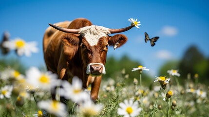 A cow standing in a field of daisies with a butterfly on its head - obrazy, fototapety, plakaty