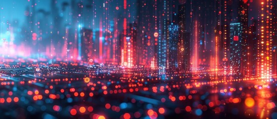 A cityscape with bright lights and a sense of movement