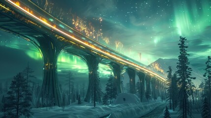 A bridge with a train on it and a sky full of auroras