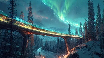 A bridge over a snowy mountain with a train passing underneath - obrazy, fototapety, plakaty