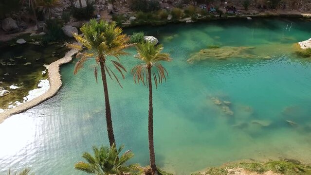 Aerial of amazing Wadi Bani Khalid oasis with turquoise water and palm trees in the Sultanate of Oman.