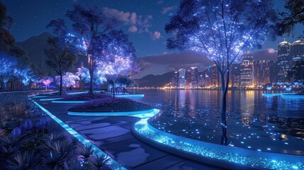 A city park with a lake and trees lit up in blue lights - Powered by Adobe