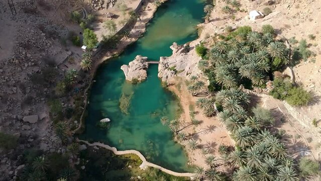 Aerial of Wadi Bani Khalid oasis with turquoise water and palm trees in the Sultanate of Oman.