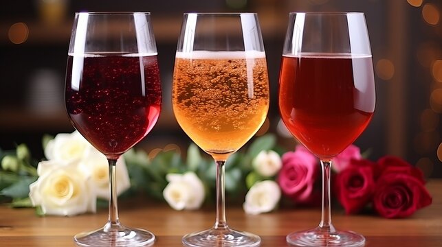 Three glasses of sparkling wine with different shades of pink