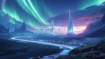 A futuristic landscape with a long road and tall buildings