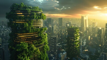A cityscape with tall buildings and a green forest growing on top of them - obrazy, fototapety, plakaty