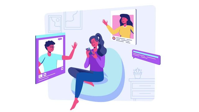 Woman Engaging on Social Media flat 2D animation
