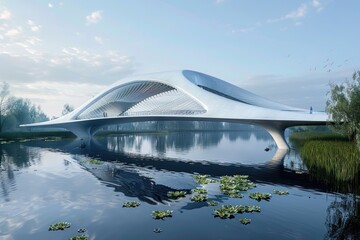 A bridge spans a body of water, with a large white structure in the middle - Powered by Adobe