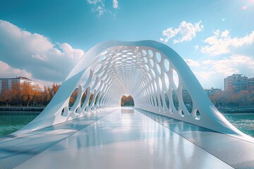 A bridge with a white arch and a large hole in the middle - obrazy, fototapety, plakaty