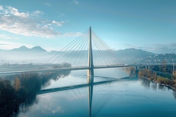 A bridge spans a river with a foggy sky in the background