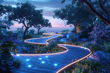 A path in a garden with a blue lighted walkway - obrazy, fototapety, plakaty