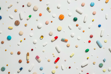A colorful assortment of pills scattered across a white background