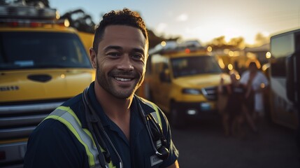 Smiling African American male paramedic in front of ambulance - obrazy, fototapety, plakaty