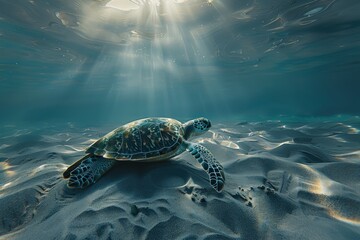 A turtle is laying on the sand in the ocean