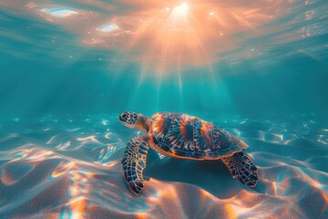 A turtle is swimming in the ocean with the sun shining on it - obrazy, fototapety, plakaty