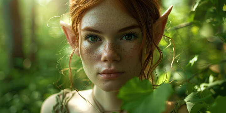 Elf girl with enigmatic eyes looks into the camera in green forest leaves. Fantasy elf living in nature woods. Beautiful fantasy woman.
