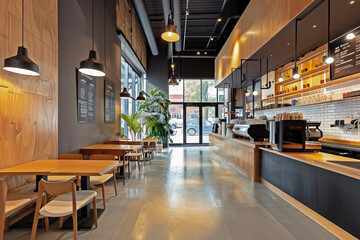Ambiance of a Modern Coffee Shop Featuring Minimalist Interior Design: Expressing Sophisticated Simplicity and Comfort