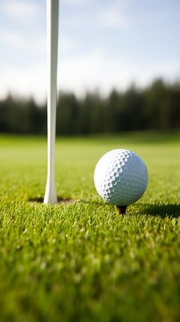 Close-up of a golf ball on a tee next to the hole