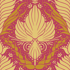 Seamless pattern of yellow Damask motifs on a magenta background. Floral abstract repeat background.
