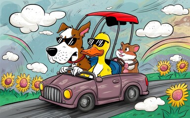Obraz na płótnie Canvas Cartoon illustration, a dog and a duckling are driving in a car