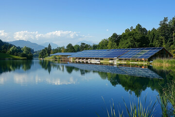 A solar panel farm is built on the shore of a lake - obrazy, fototapety, plakaty