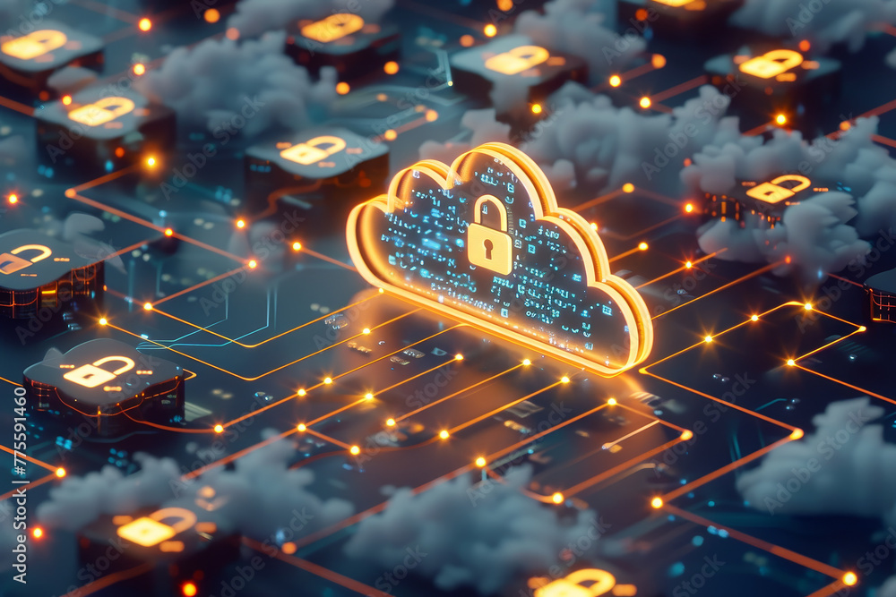 Poster a computer network with a cloud and a key on it