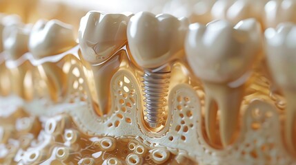 A detailed dental implant model showing the bone integration process