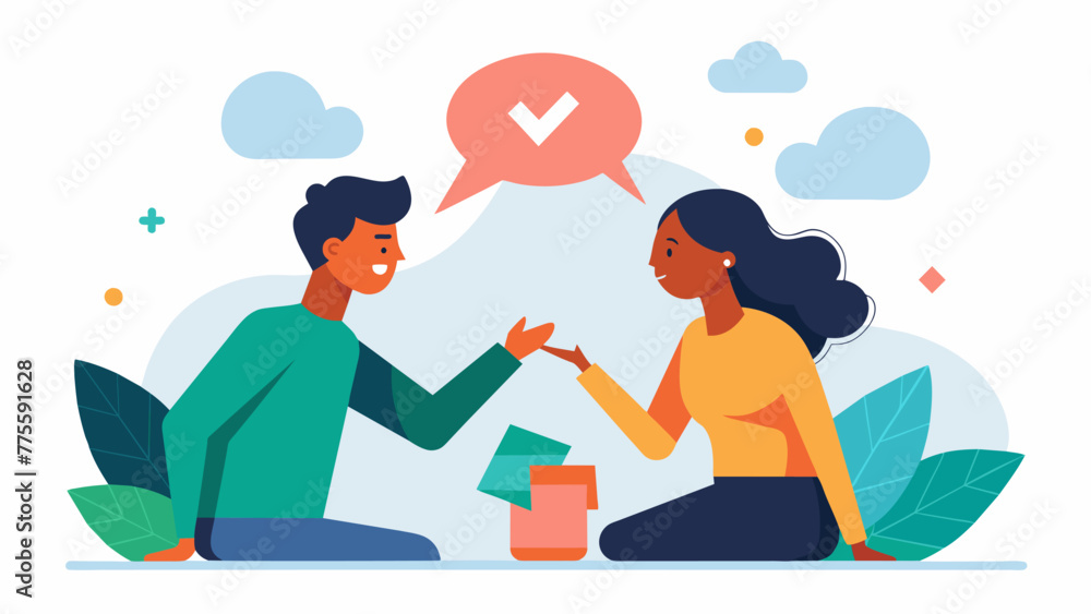 Poster two people in a conflict resolution training learning how to effectively communicate their emotions 
