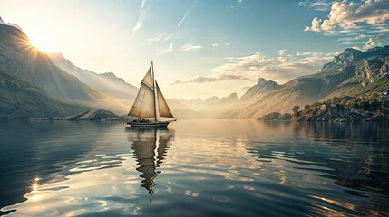 Sailing boat on the fjord at sunrise.