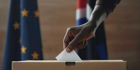 African American unrecognizable man putting their vote in the ballot box with European Union flag on background. President governmental election giving your voice voting concept - obrazy, fototapety, plakaty