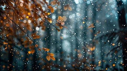 Beautiful winter forest with falling snow and bokeh lights.