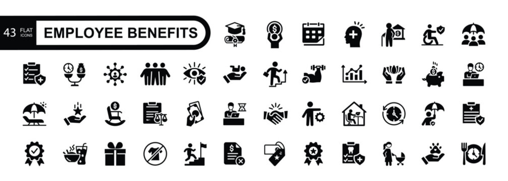 Employee benefit flat icons set. Included icons as teamwork ,insurance, paid Vacation, pension, social Security. Vector illustration