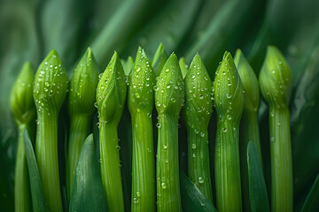Young green flower buds with dewdrops, close-up. Early growth and spring freshness concept for botanical and gardening themes