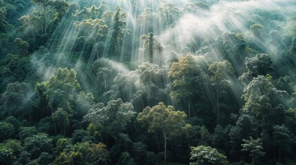 Aerial view of rainforest in the morning with sunbeams - obrazy, fototapety, plakaty
