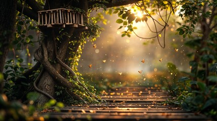 Wooden bridge in the forest at sunset. Beautiful nature background.
