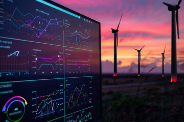 A computer monitor displays a graph of wind power