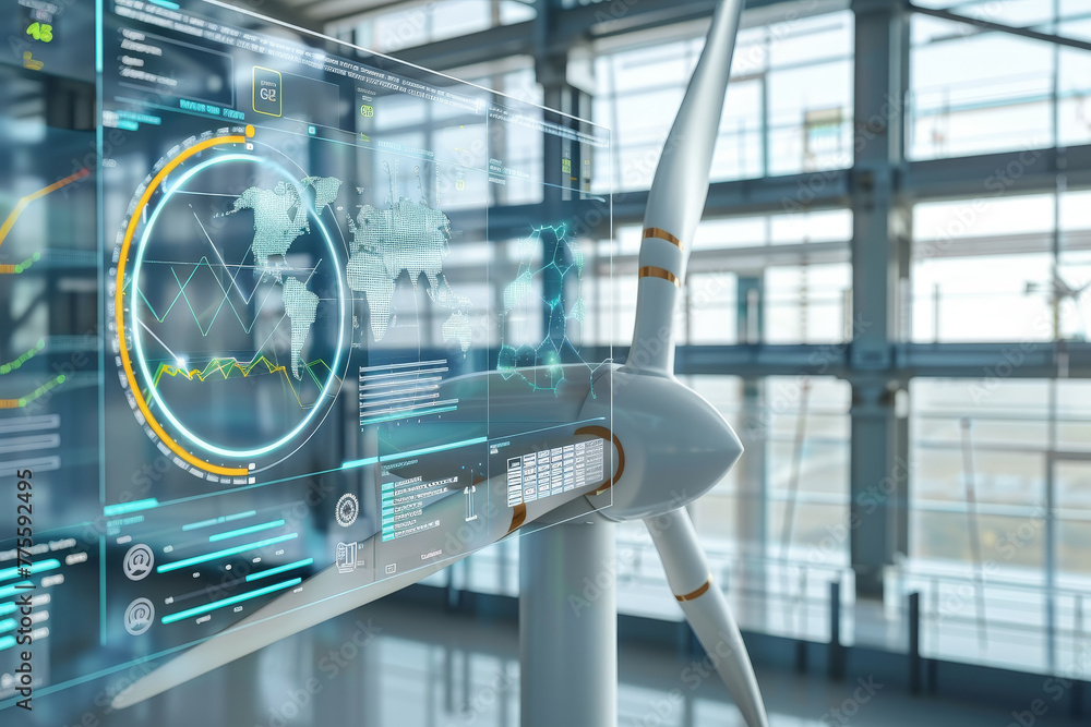 Poster a wind turbine is shown on a computer screen with a globe and other graphics