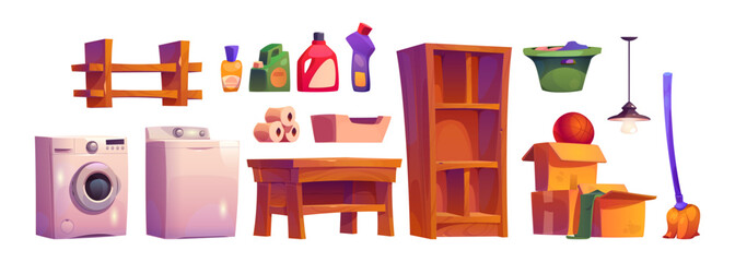 Basement laundry interior for house storage room. Home cellar illustration with broom, wash machine, dryer, basket and wooden rack. Isolated indoor pantry clipart set with canister and paper roll.