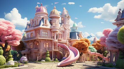 A pink and blue colored cartoon house with a pink slide in front of it