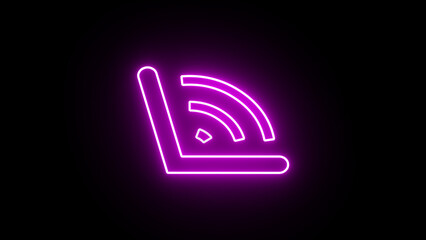 Purple neon laptop wi-fi connection with radio wave. Connecting to laptop WIFI internet. Wireless connection with laptop icon