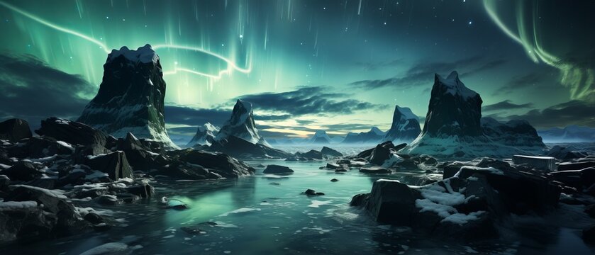 Aurora borealis landscape with mountains and icebergs in arctic sea