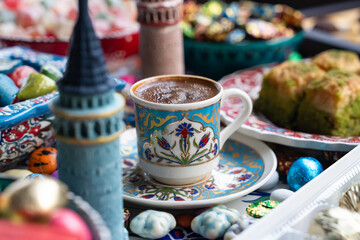 Turkish Coffee in the Colorful Ramadan Eid Candy and Chocolate, Traditional Ottoman Cuisine Desserts Photo, Üsküdar Istanbul, Turkiye (Turkey)