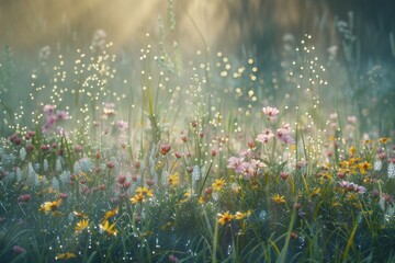 Field of Flowers and Grass Covered in Dew
