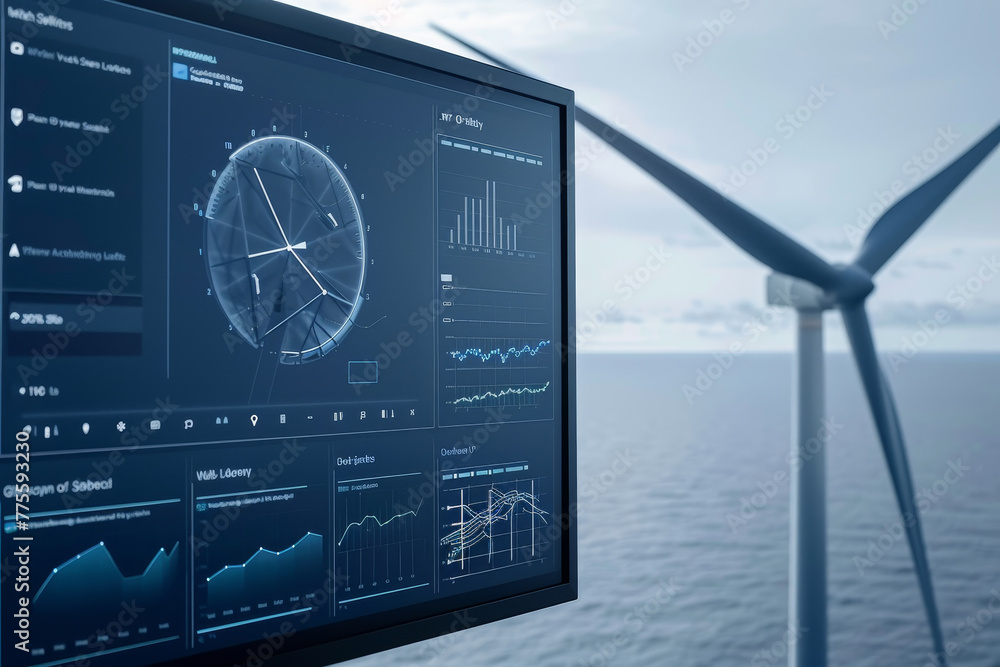 Poster a computer monitor displays a graph of wind speeds and directions