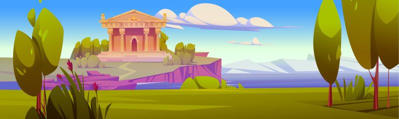 Ancient Greek pantheon building with columns and stairs, green grass and tree on sunny summer day under clouds on blue sky. Roman temple building. Antique civilization or mythology scene