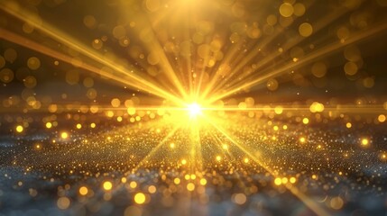 Golden particles background with glowing light rays